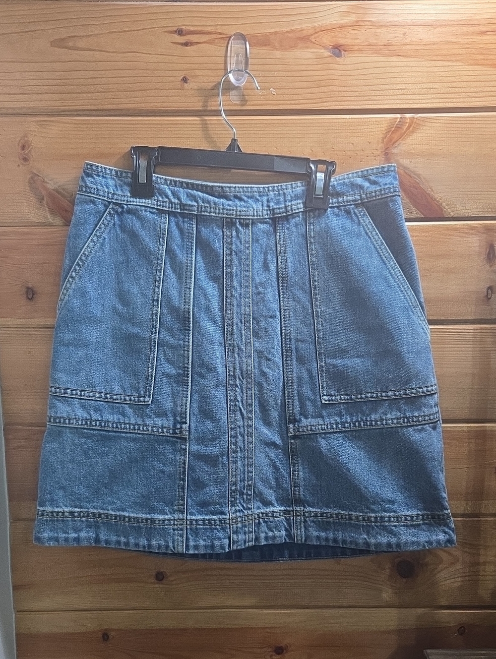 CAbi Blue Denim Mini Skirt with Front Patch Pockets Size 4